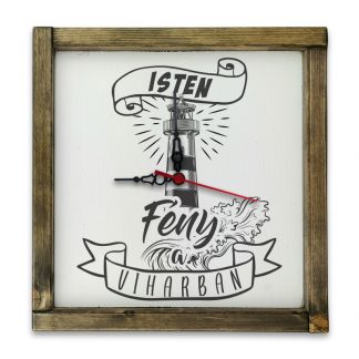 Isten fény a viharban - Fehér deszkatábla óra, tölgy kerettel