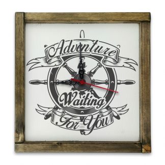 Adventure is waiting for you - Fehér deszkatábla óra, tölgy kerettel