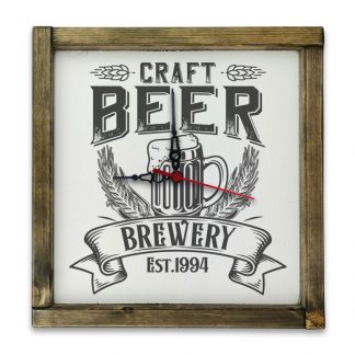 Craft Beer Brewery - Fehér deszkatábla óra, tölgy kerettel