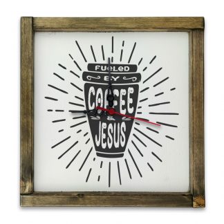 Fueled by coffee and Jesus - Fehér deszkatábla óra, tölgy kerettel
