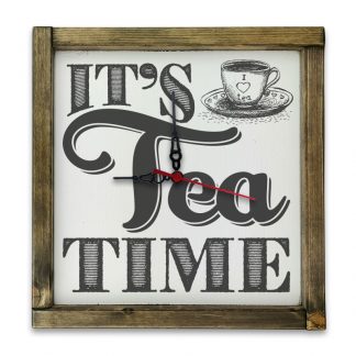 It's tea time - Fehér deszkatábla óra, tölgy kerettel