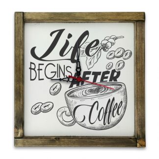 Life begins after coffee - Fehér deszkatábla óra, tölgy kerettel