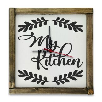 My kitchen - Fehér deszkatábla óra, tölgy kerettel