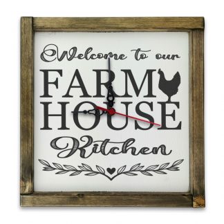 Welcome to our farmhouse kitchen - Fehér deszkatábla óra, tölgy kerettel