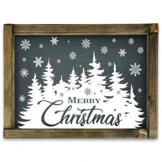 Merry Christmas, fenyőkkel - Fekete krétatábla, tölgy kerettel