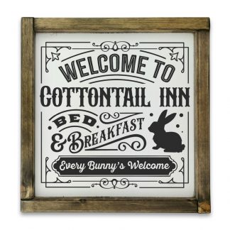 Cottontail inn bad and breakfast – Vintage fehér táblakép, rusztikus tölgy kerettel