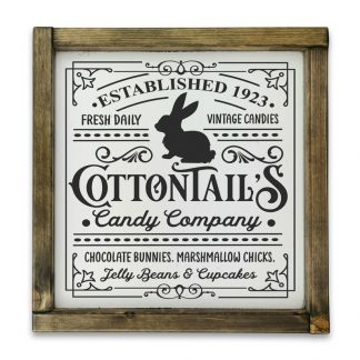 Cottontail's Candy Campany – Vintage fehér táblakép, rusztikus tölgy kerettel