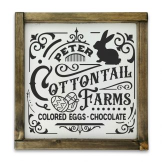 Peter Cottontail farm – Vintage fehér táblakép, rusztikus tölgy kerettel