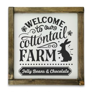 Welcome to our cottontail farm – Vintage fehér táblakép, rusztikus tölgy kerettel