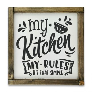 My kitchen my rules – Vintage fehér táblakép, rusztikus tölgy kerettel